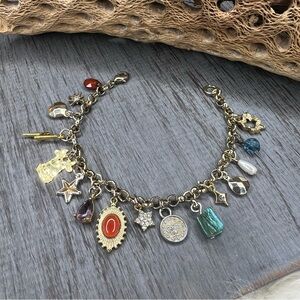 Handmade Gold Tone Charm Bracelet with Multicolor Accent Charms